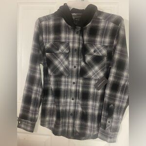 No Boundaries Black and White Plaid Long-Sleeved Oversized Shirt with Hood! NWT!